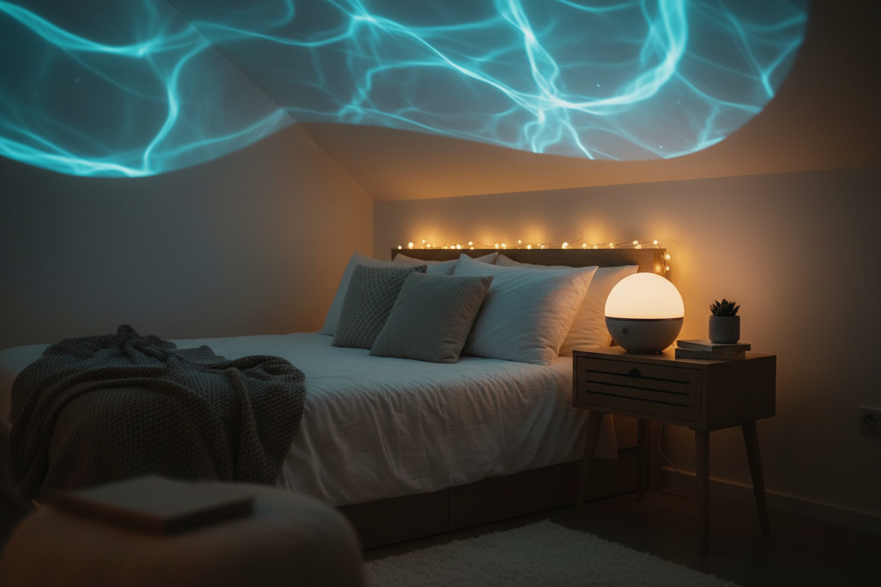 High resolution lifestyle photo of a romantic ocean wave projector light in a cozy bedroom, soft shadows, warm glow, minimal text area