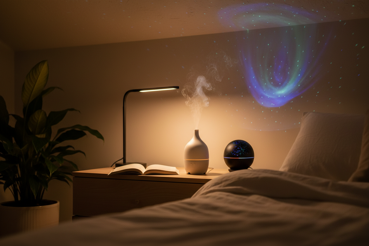 Image Type:

Lifestyle product-in-use image

Clean, modern home setting (living room, bedroom, desk, night setup)

What to show:

1–3 best-selling gadgets together
(e.g. diffuser + LED lamp + projector light)

Warm lighting, cozy atmosphere